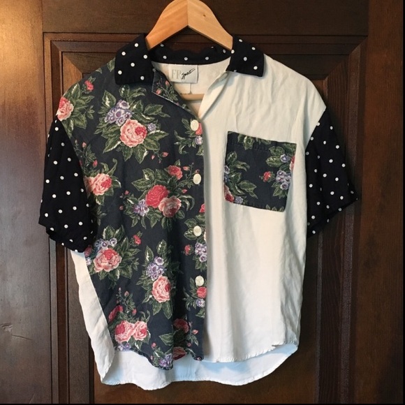 VINTAGE Floral Polka Dot Button Down T Shirt Boho - Picture 8 of 8